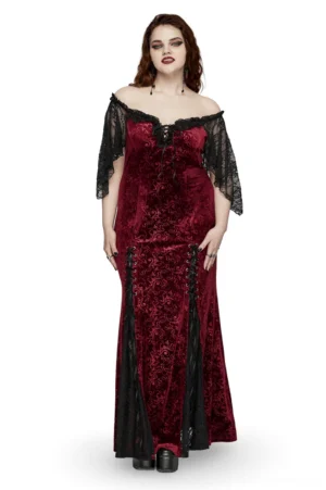Burgundy velvet off-shoulder gothic gown front view on model - black lace flutter sleeves and embossed velvet corset lace-up back
