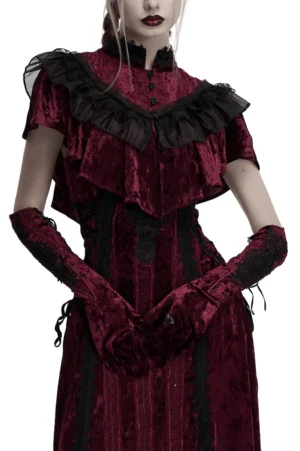 burgundy velvet opera gloves with black lace embroidery worn with matching gothic gown on model