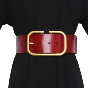 Wine red burgundy wide leather corset belt with gold square metal buckle, mannequin waist display