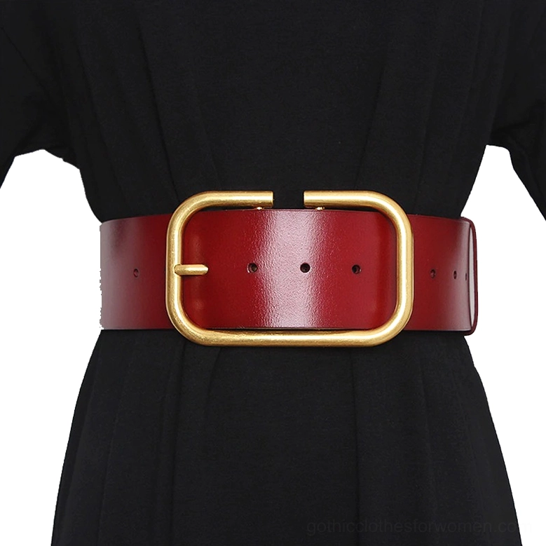 Wine red burgundy wide leather corset belt with gold square metal buckle, mannequin waist display
