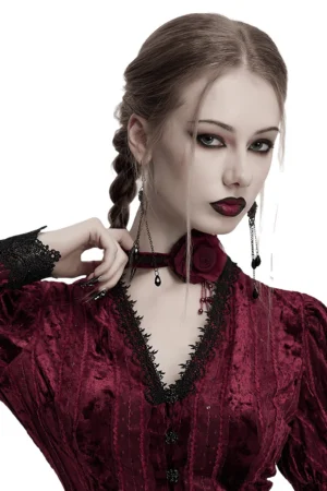 Burning Rose Gothic Choker with burgundy velvet and black lace detail worn by model with gothic makeup and braids