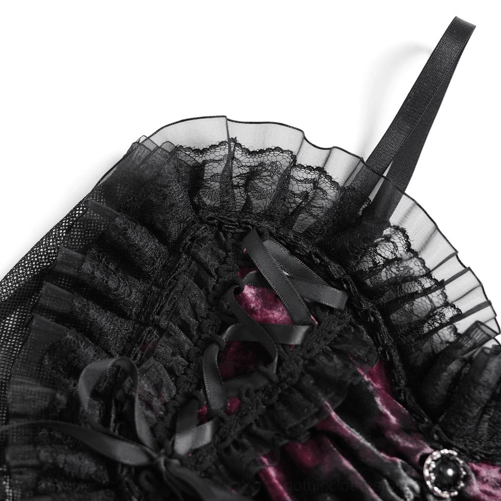 Macro close-up of gothic bustier side strap and lace-up ribbon with silver hardware detail, showing construction quality and ribbon tie mechanism
