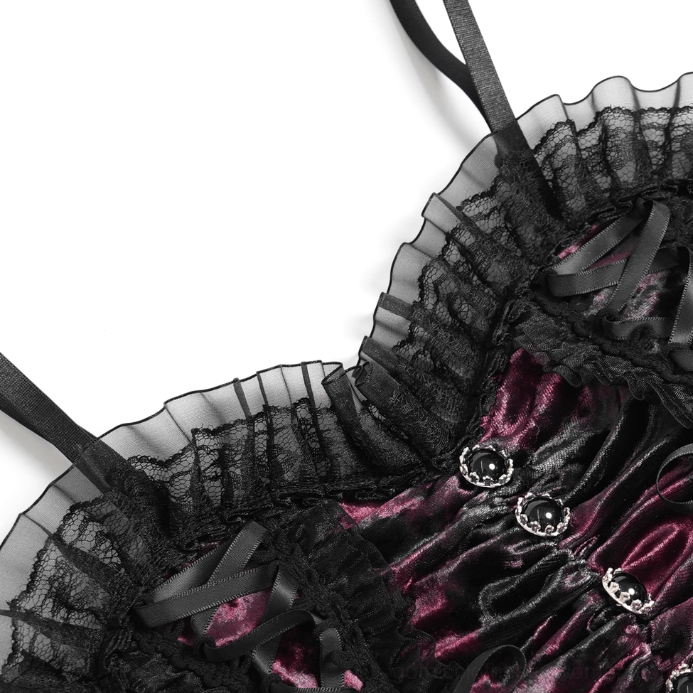 Close-up detail of gothic bustier showing silver decorative bead-like buttons, ribbon lace-up construction, and black mesh ruffled trim