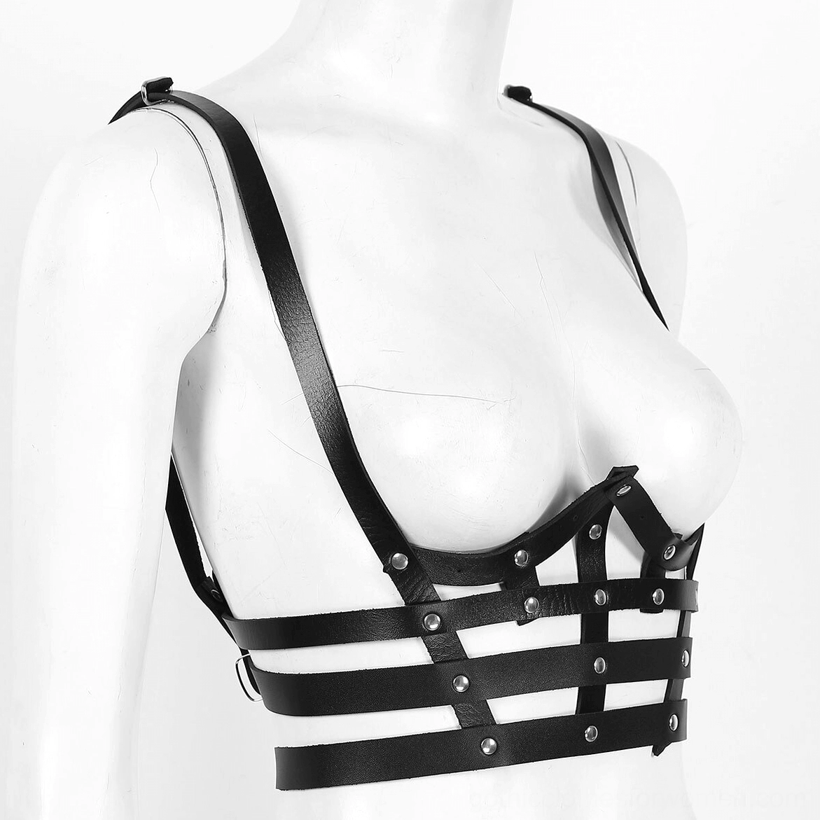 Front side view of cage-style leather harness on mannequin with metal studs and breast panel design