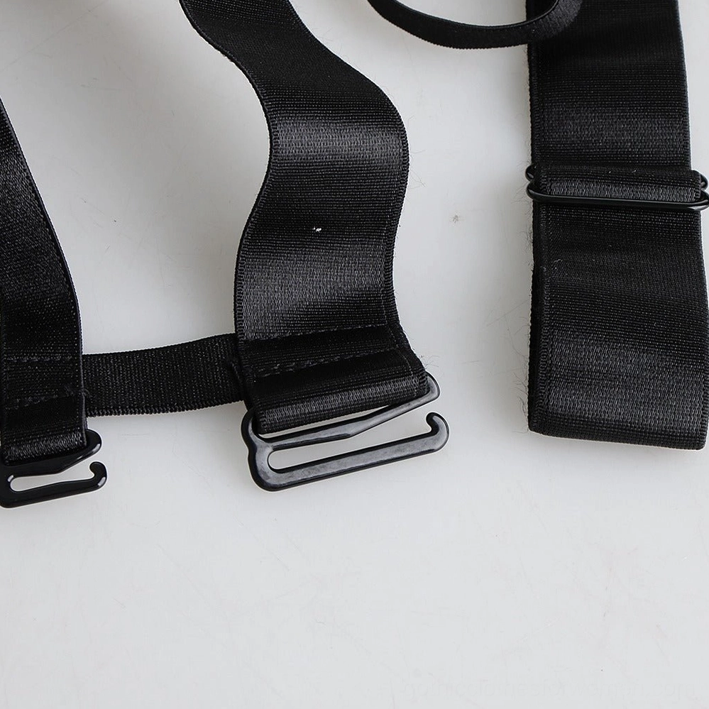 Black cage harness adjustable buckles, metal clips, and nylon webbing fastener components