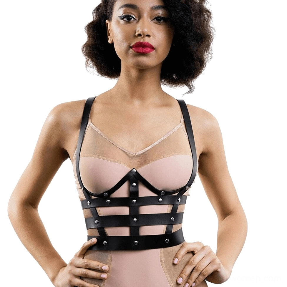 Cage-style leather chest harness front view with metal studs and geometric grid pattern design