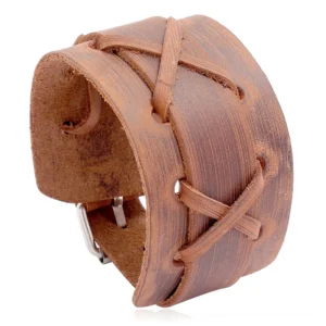 Camel retro leather gothic cuff bracelet with distressed texture and cross-lacing design, side view