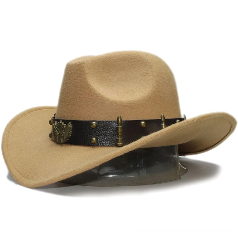 Light camel gothic fedora with leather hat band and metal studs - three-quarter angle shot