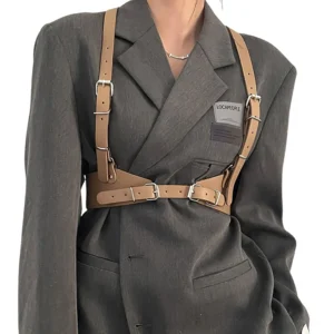 Camel khaki leather harness belt with metal hardware and Y-shaped shoulder strap design