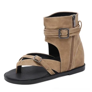 Camel gothic gladiator wedge sandals with adjustable ankle buckle and industrial side zipper detail