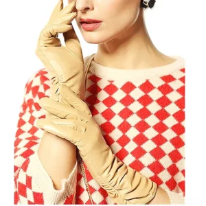 Camel colored goatskin leather gloves with ruched wrist detail, full finger gothic style