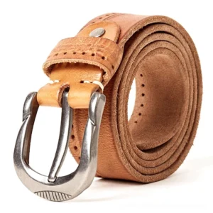 Camel tan alternative leather belt with metal buckle and leather keeper loop, casual goth style, studio view