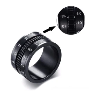 Rotatable spinner band camera lens ring detail view showing smooth rotating mechanism and focal length scale engravings