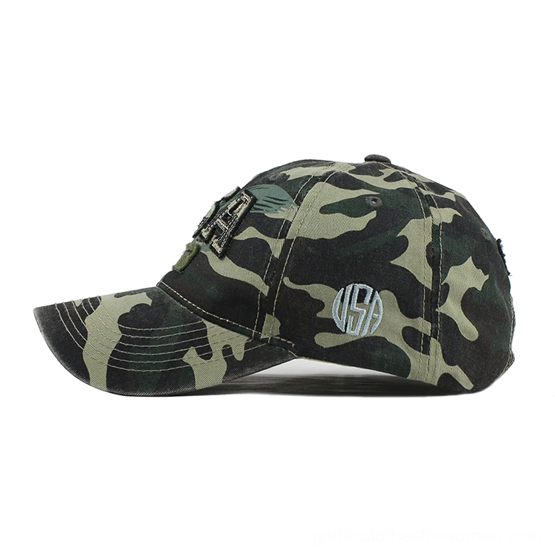 Camouflage pattern denim gothic cap with side USA embroidery and precision brim stitching, alternative fashion