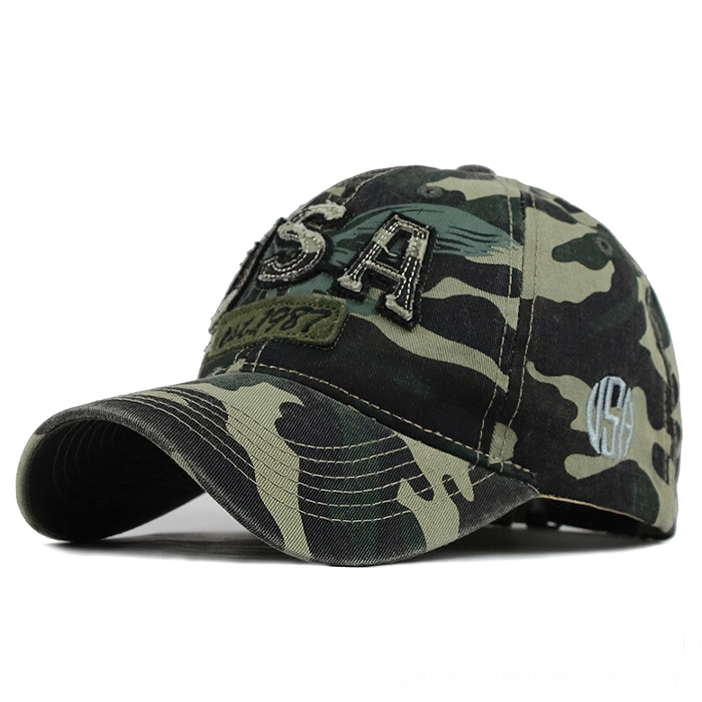 Camouflage denim baseball cap with USA embroidery, military-inspired gothic aesthetic
