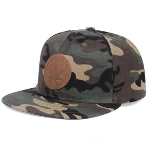 Camouflage pattern gothic snapback baseball cap with hemp badge side profile