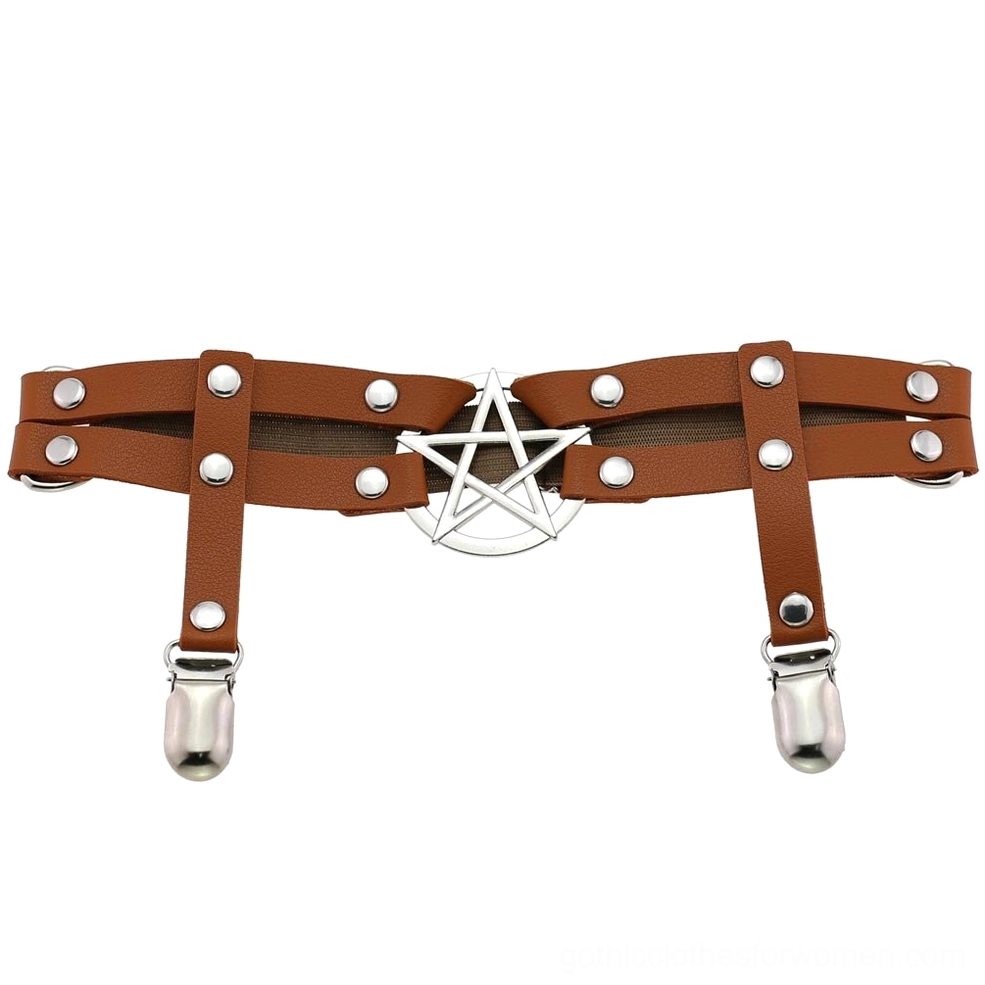 Caramel tan pentagram PU leather leg garter belt flat lay product view, featuring silver pentagram decor and dual metal hardware fasteners