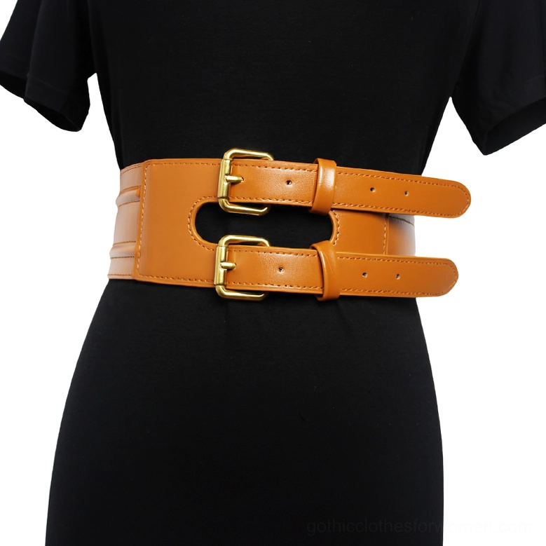 Caramel tan gothic corset waistband with dual strap design - side angle view