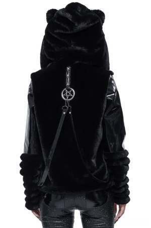 Gothic fuzzy cat ear hooded jacket back view showing pentagram strap and ruched fur cuffs