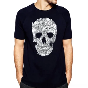 Black cat skull print tee flat lay front view, unisex gothic t-shirt design with intricate feline skull artwork