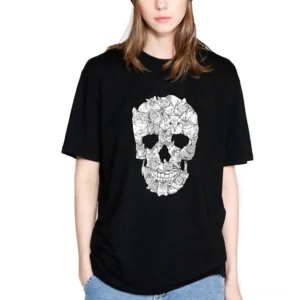 Black cat skull gothic t-shirt front view on female model, crew neck short sleeve alternative fashion tee
