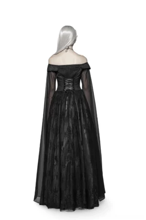 Celestia gothic Victorian lace dress back view showing adjustable ribbon lace-up closure and flowing chiffon cape sleeves