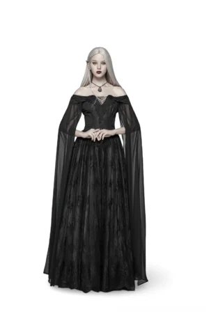 Celestia gothic maxi dress front view with off-shoulder cape sleeves and lace overlay, modeled by woman with silver hair on white background