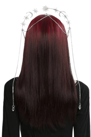 Gothic celestial crown back view showing trailing chain tassels and silver metalwork on dark haired model