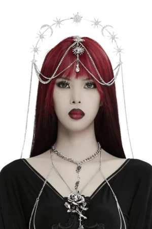 Celestial gothic headpiece frontal view on model with burgundy hair - silver metal crown with star moon and sun crystal pendants