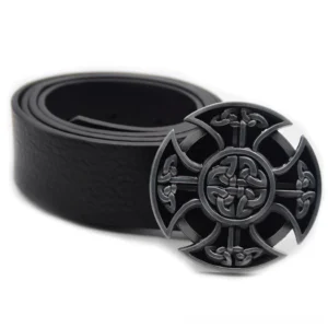Gothic belt buckle paired with black leather belt, showing Celtic knot pattern detail and side profile of round buckle