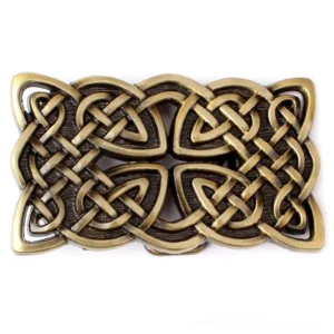 Antique brass bronze Celtic knot belt buckle with intricate hollowed pattern, flat lay perspective