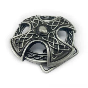 Celtic cross belt buckle with antique silver finish and intricate Celtic knot patterns, top front view showcasing carved details