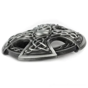 Three-dimensional side view of Celtic cross gothic belt buckle demonstrating substantial thickness and depth of construction