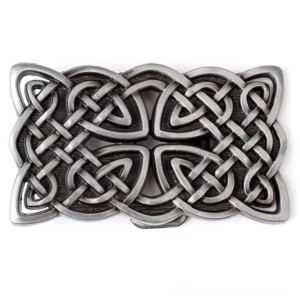 Silver brushed Celtic cross gothic belt buckle with hollowed dual knot pattern, flat lay top view