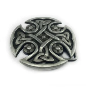 Celtic round belt buckle overhead angle displaying symmetric interwoven Celtic knot design