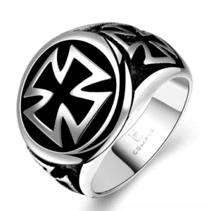 Celtic cross gothic signet ring front oblique view, black stainless steel biker ring with embossed cross pattern
