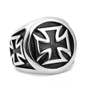 Celtic cross gothic ring side profile view showing embossed cross design with black titanium finish