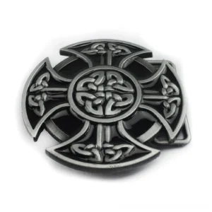 Round Celtic cross knot belt buckle with embossed interlocking Celtic cross design in antique dark silver finish, front view