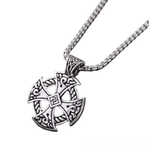 Viking style Celtic cross necklace with square metal chain, oblique angle revealing detailed silver carving and shield frame