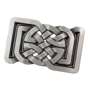 Celtic knot gothic belt buckle antique silver front oblique view with black enamel inlay details