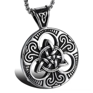 Celtic knot gothic pendant necklace, round stainless steel design with intricate carved knotwork and shield symbolism, front close-up view