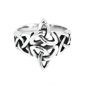 Celtic trinity knot signet ring gothic jewelry silver top front view intricate knot design