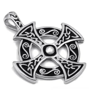 Celtic solar cross amulet pendant shown from side and top angle, revealing the hollow circular frame design, central bead, and vintage carved relief details in silver pewter