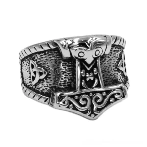 Norse Triquetra Celtic ring front view - stainless steel with hand-carved Viking knot and Nordic scroll details