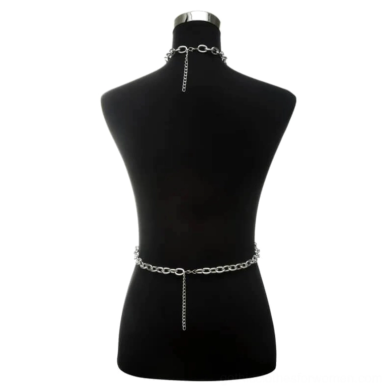 Black chain body harness rear view showing waist configuration and hanging tail chain with curb link pattern