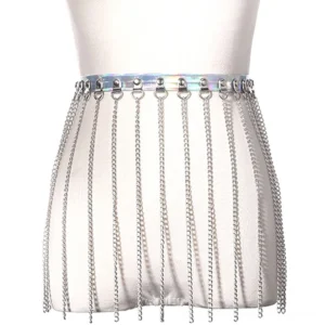 Side profile of holographic chain waist harness on mannequin displaying vertical silver chain fringe details and D-ring hardware