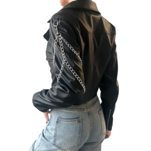 Black faux leather motorcycle jacket back view showing chain accents on left sleeve