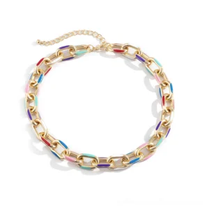 Chunky multicolor enamel chain choker necklace with gold-toned metal links and adjustable extension, displayed flat on white background showing front view