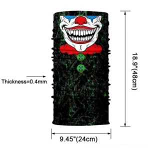 Clown skull printed neck gaiter balaclava flat lay display, black background, full front product view showing red-white-blue skull design with green fracture textures and elastic ruched edges