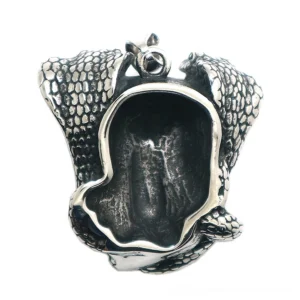 Cobra skull pendant back view - intricate serpent scale detailing on reverse side of gothic skull necklace